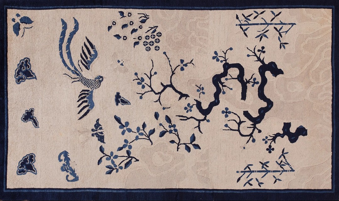 Small scenic antique ivory chinese bat cloud band bird of paradise design peking rug