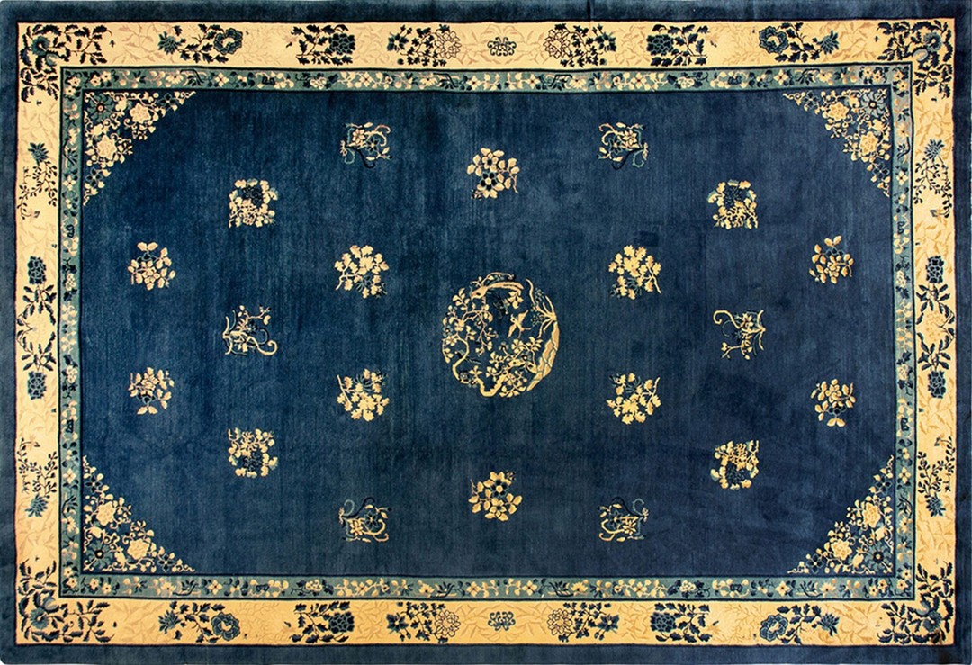 Antique large peking chinese medallion knotted rug