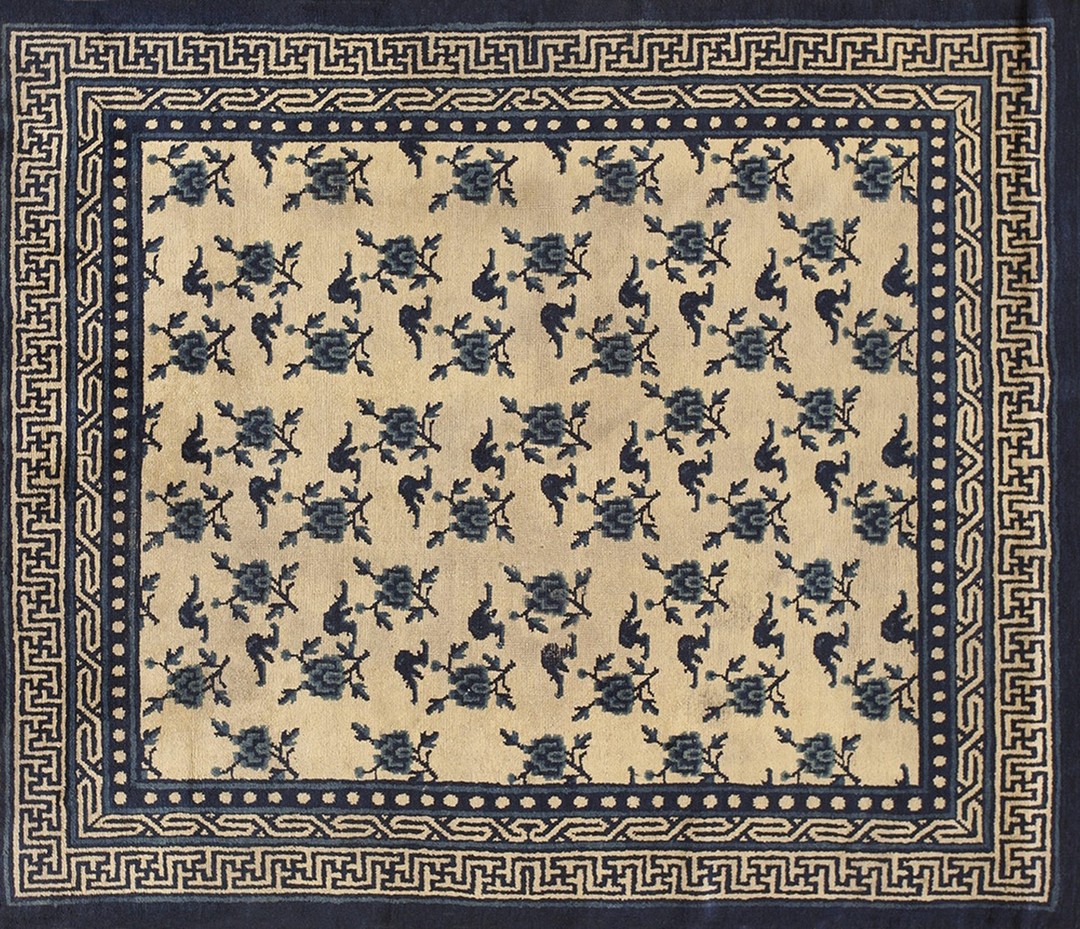 Antique ningxia chinese geometric beige 1850s rug