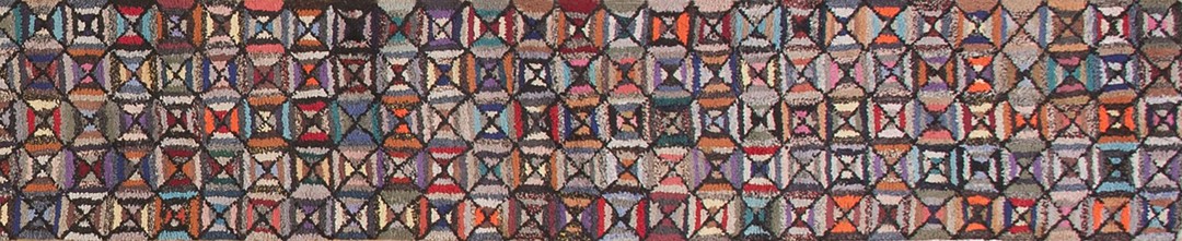 Antique colorful narrow and long american geometric folk art hooked runner rug