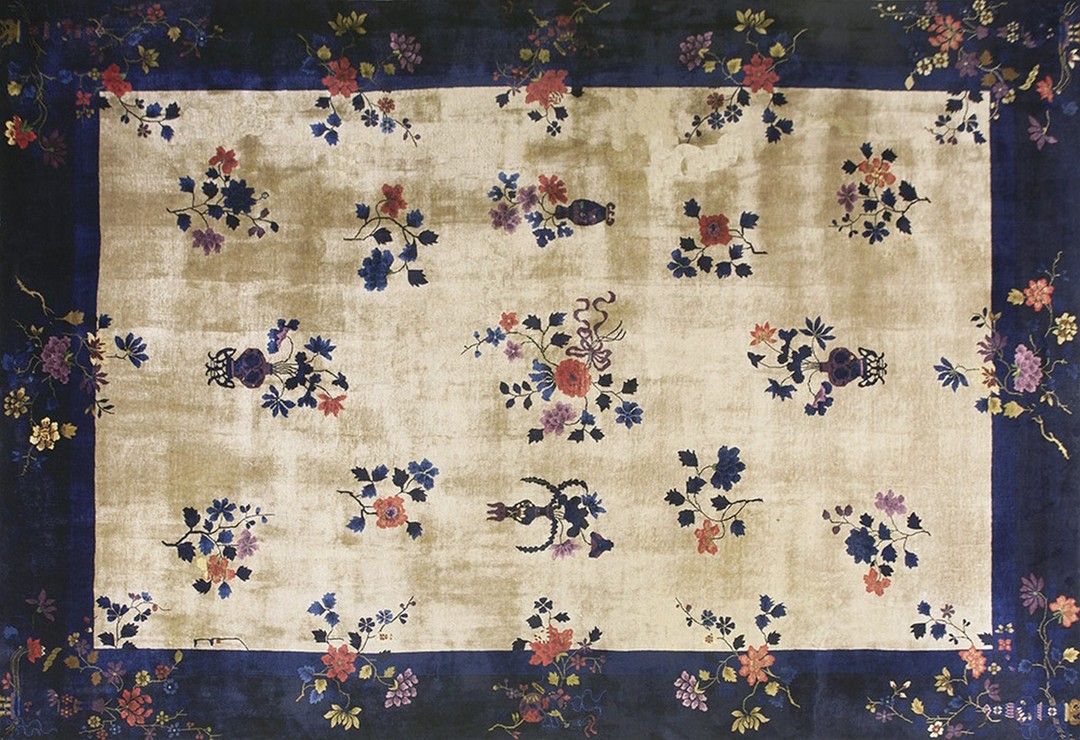 Antique wool hand knotted pile ivory beige cream white 1920s rug