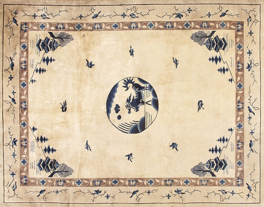 1890s rectangle wool antique ivory beige cream white hand knotted pile rug