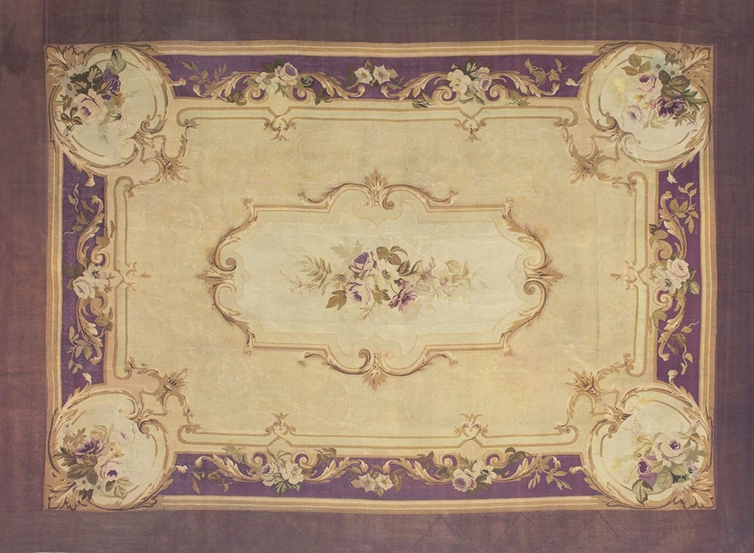 Beige field antique late 19th century french flatweave aubusson room size rug