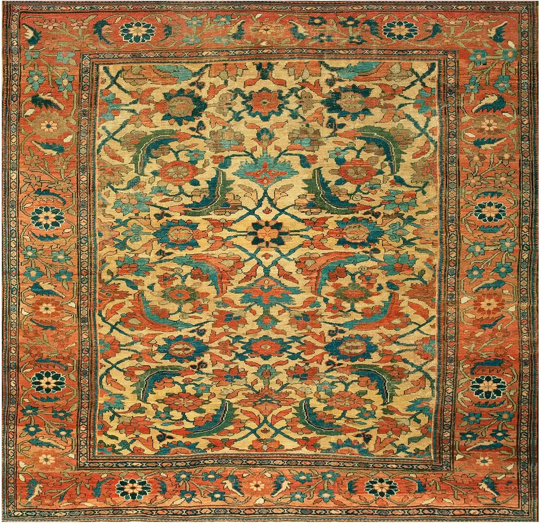 Square yellow gold color antique late 19th century tribal persian sultanabad rug