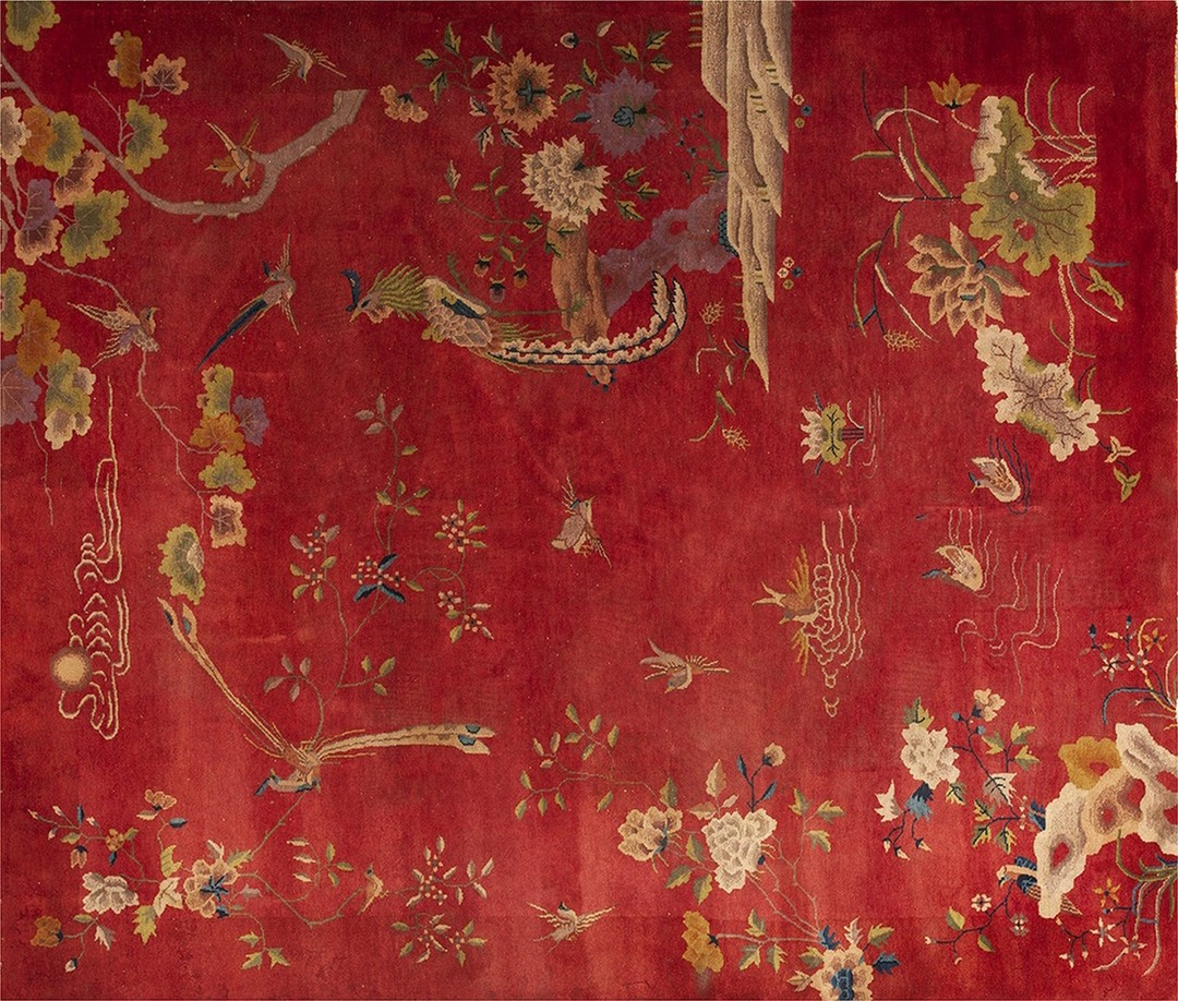 Antique red / rust color 1920s art deco design chinese rug