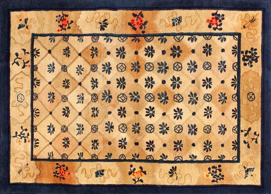 Antique peking chinese allover geometric beige 1900s rug