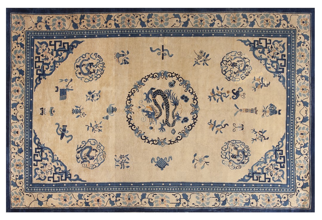 Antique peking chinese medallion blue navy, ivory 1900s rug