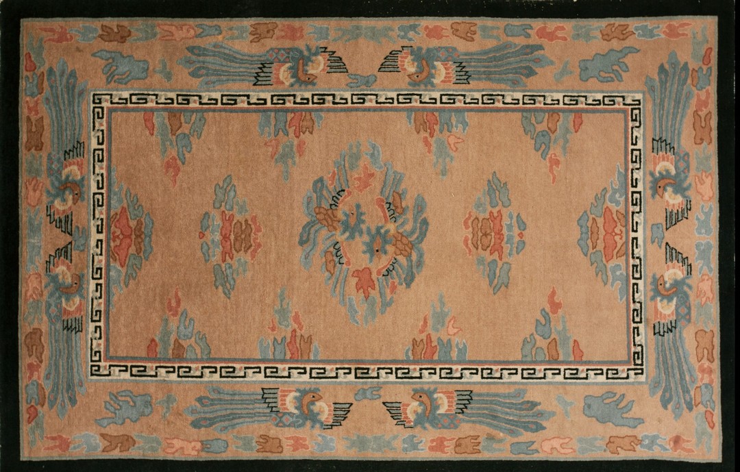 Antique art deco small scatter size wool beige rug