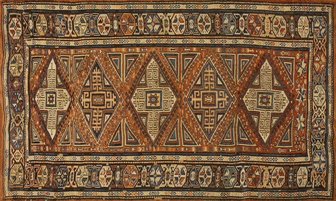 Rustic tribal geometric antique late 19th century caucasian soumak flatweave rug
