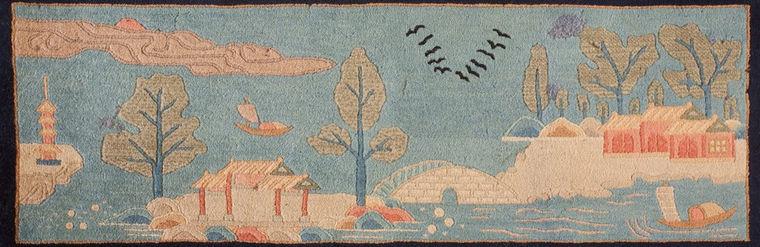 Antique art deco small scatter size wool blue rug