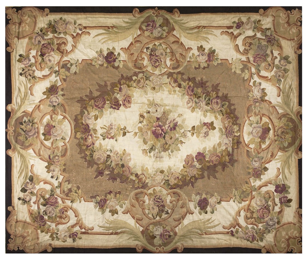Antique aubusson french floral, medallion flat weave rug