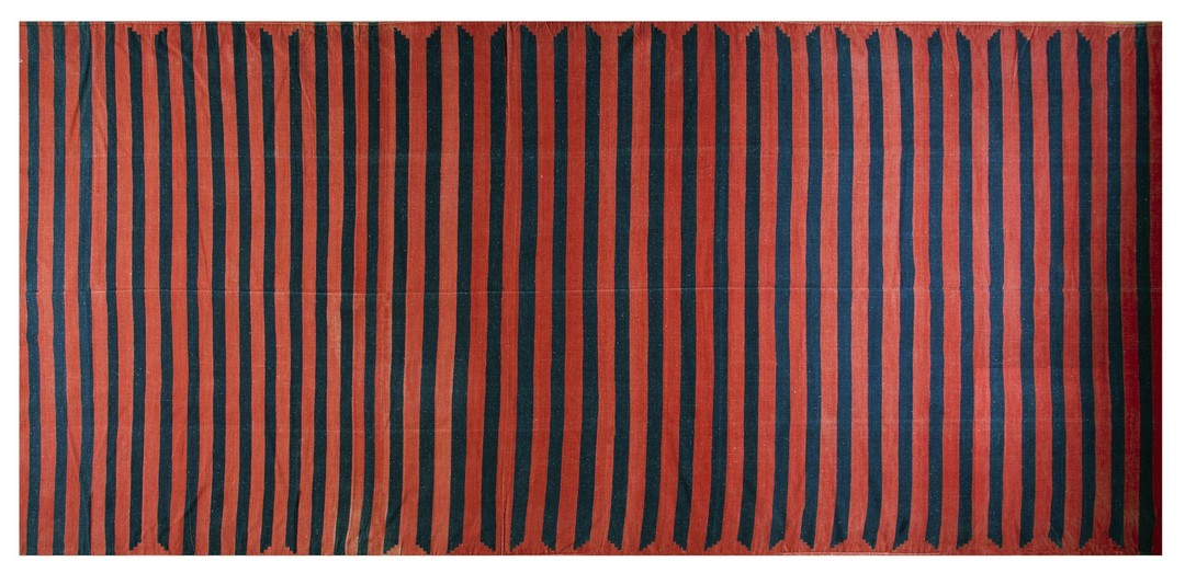 Red background blue stripped antique oversized flat woven indian dhurrie rug