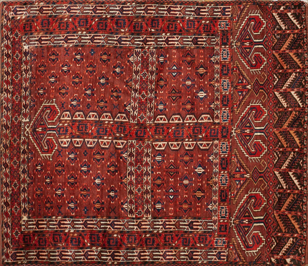 Red tribal antique turkmen engsi allover hand knotted central asian rug