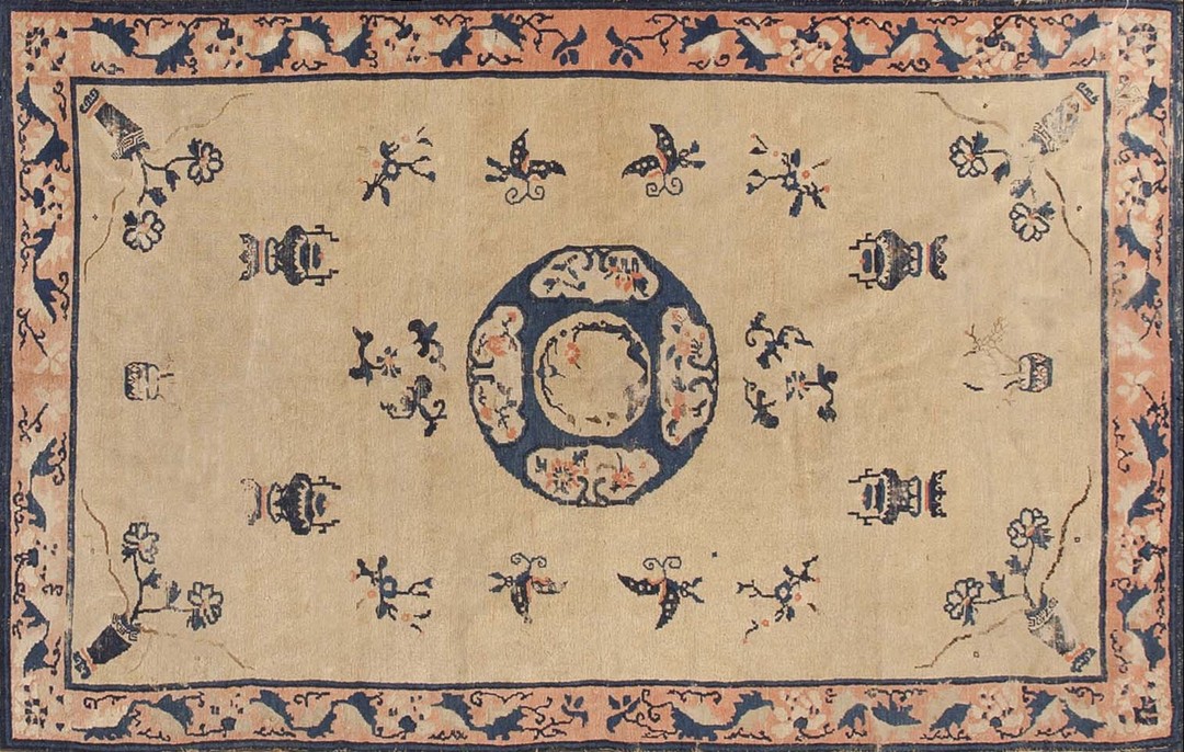 Wool chinese ivory - peking small scatter size knotted 1900s rectangle antique rug