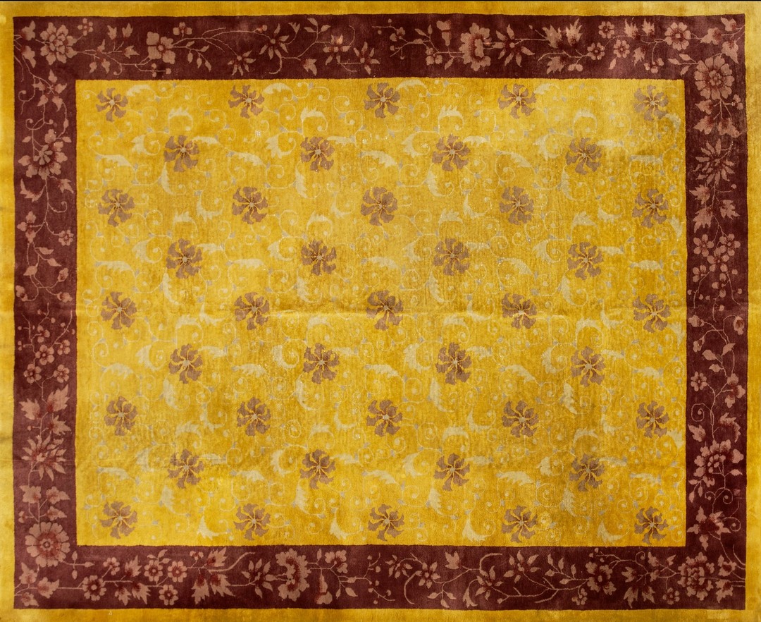 Yellow / gold orange 1920s antique rectangle hand knotted pile wool rug