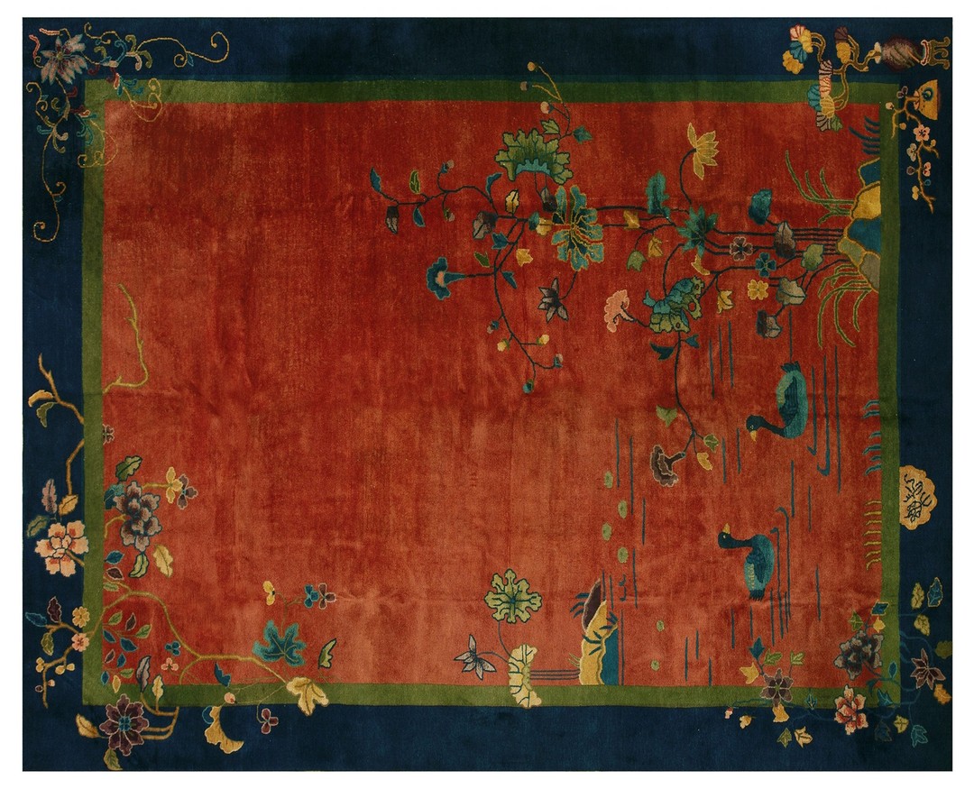 Warm rustic antique art deco swimming swan pattern chinese rug