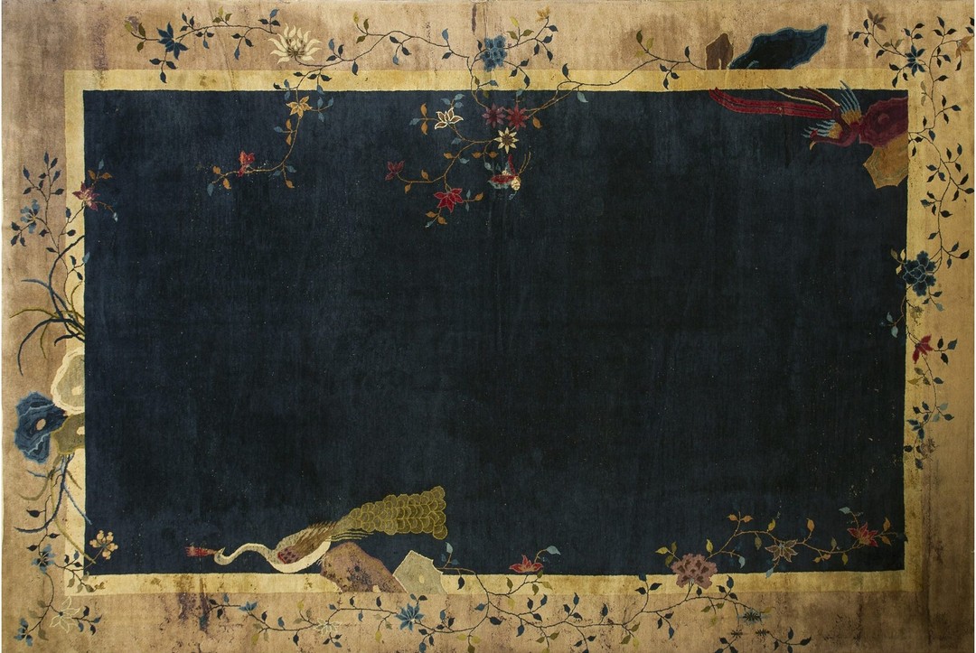 Antique art deco large room size wool blue rug