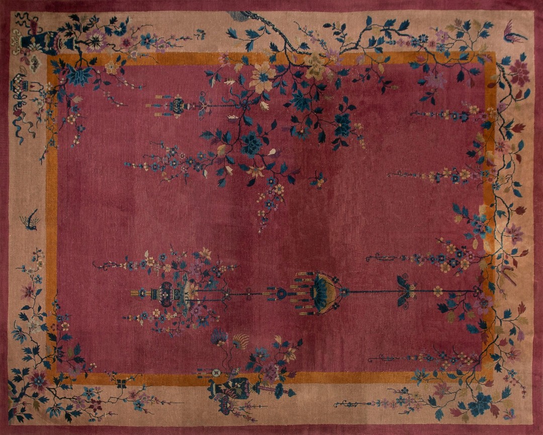 Wool 1920s purple / lavender mauve hand knotted pile antique rectangle rug