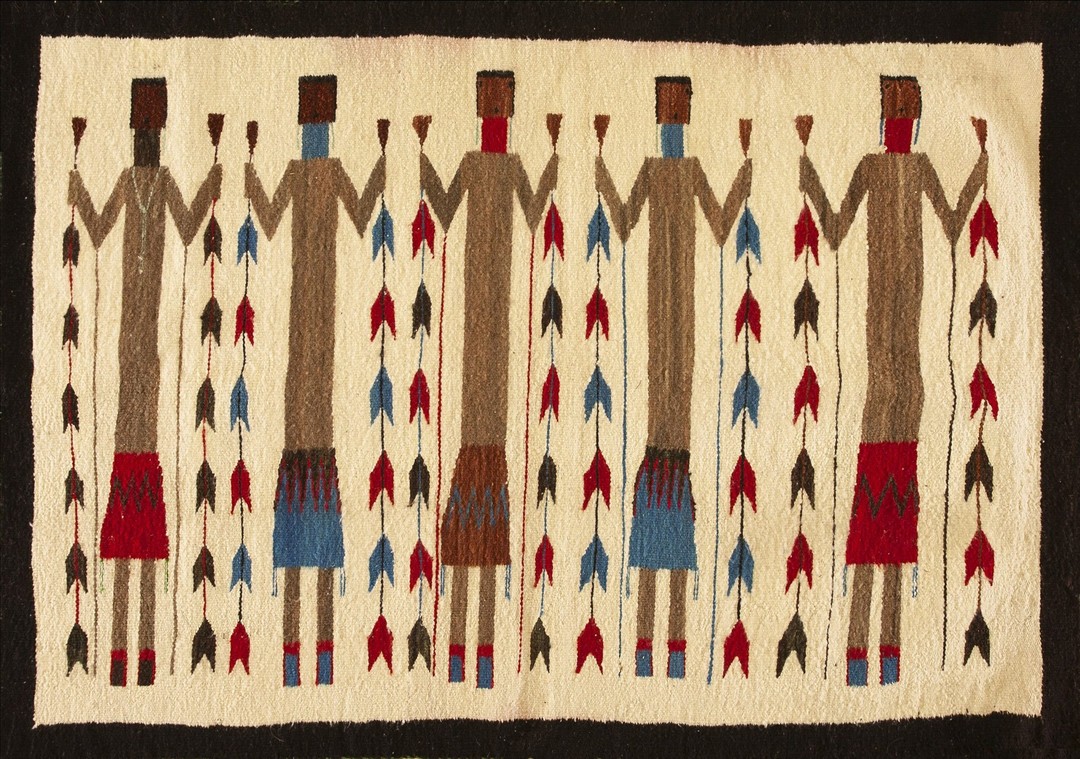 Artistic tribal geometric antique flatweave native american navajo yei rug