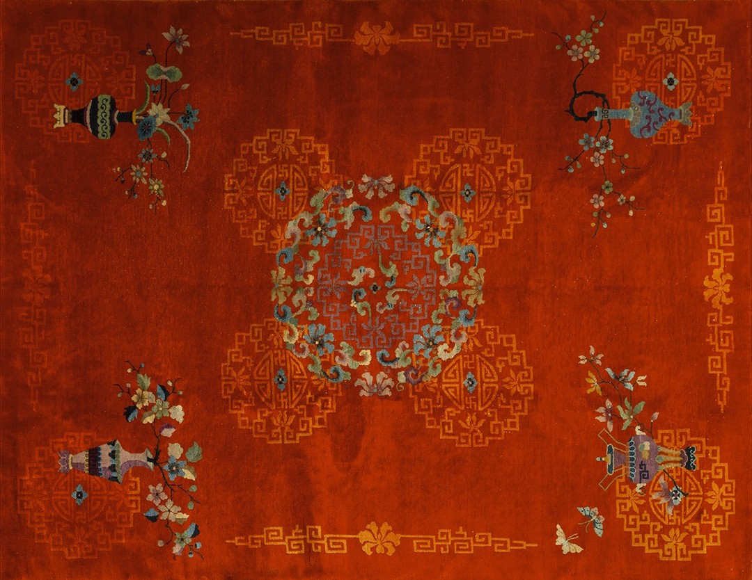 Warm rustic red antique chinese art deco area rug