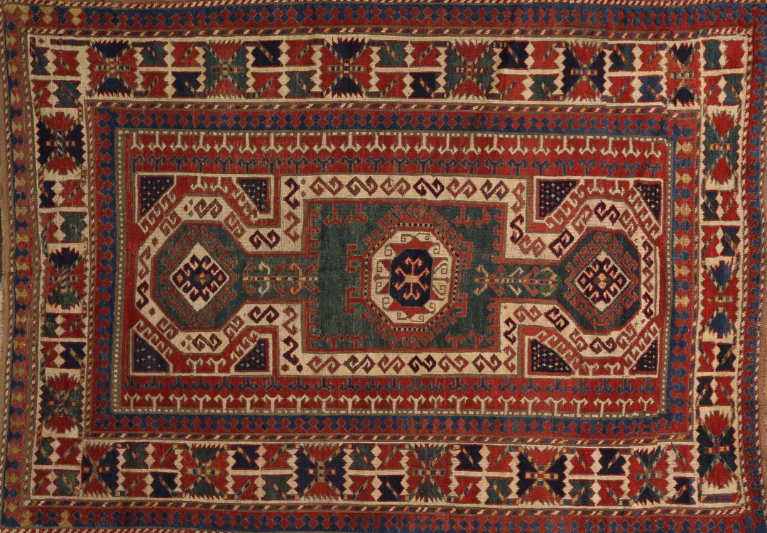Late 19th century tribal geometric antique key hole design caucasian kazak rug