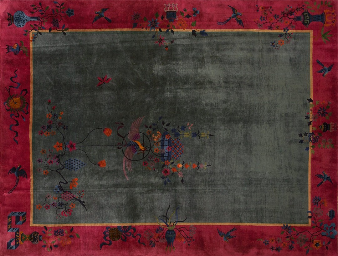 Antique art deco room size wool gray, red rug