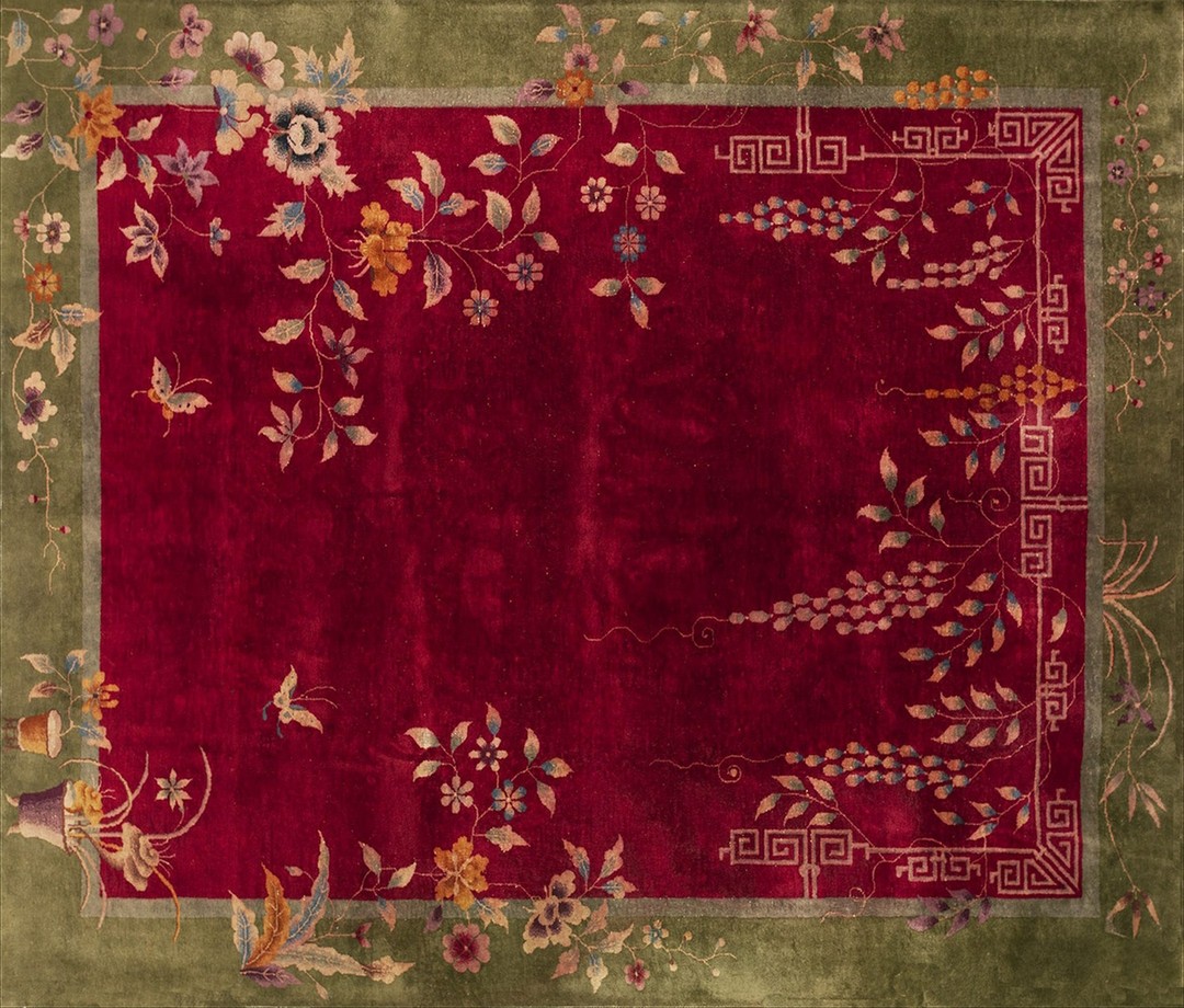 Antique wool red / rust hand knotted pile chinese art deco rug