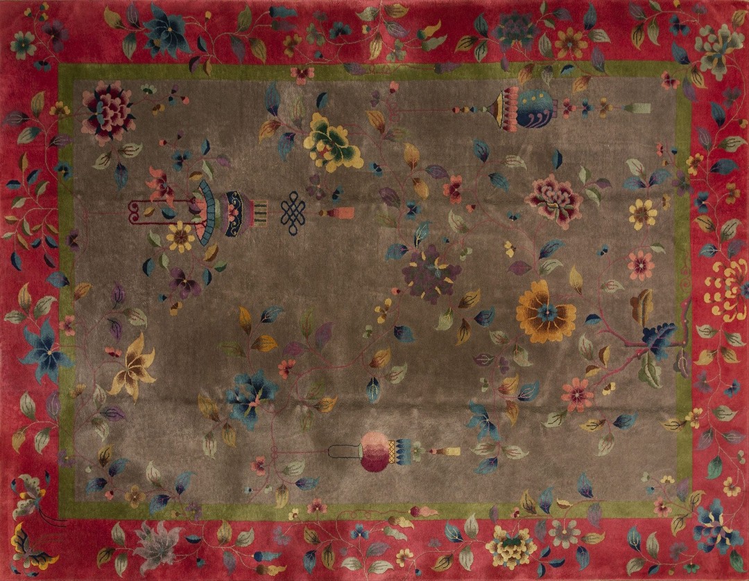 Antique art deco chinese floral purple / lavender / mauve, red 1920s rug