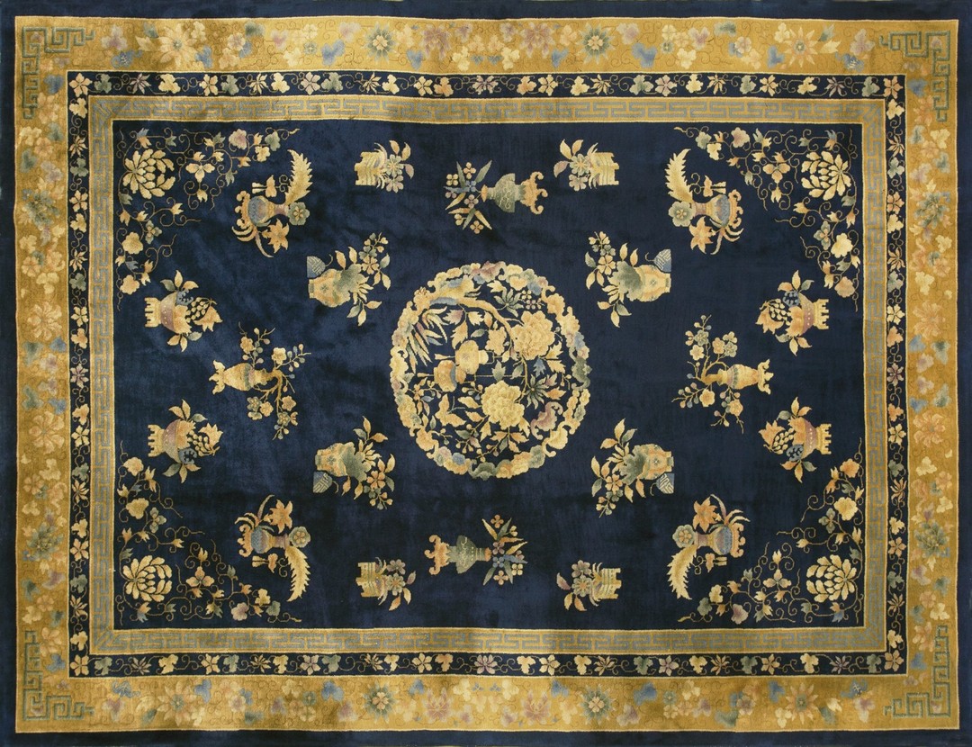 Antique art deco chinese floral, medallion blue navy, ivory beige cream white 1920s rug