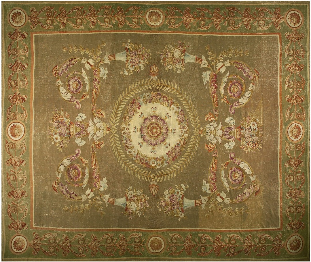 Antique large aubusson french floral, medallion knotted rug