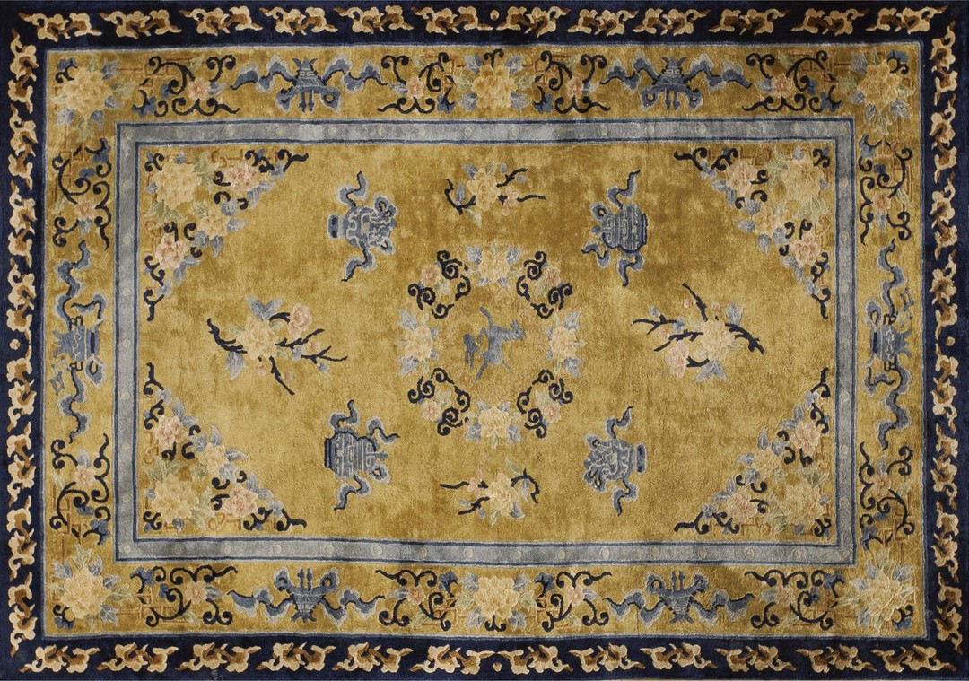 Vintage silk chinese floral knotted rug