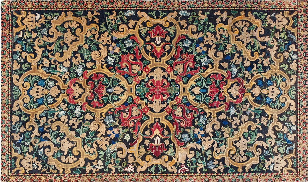 Antique needlepoint french floral, medallion stitched rug