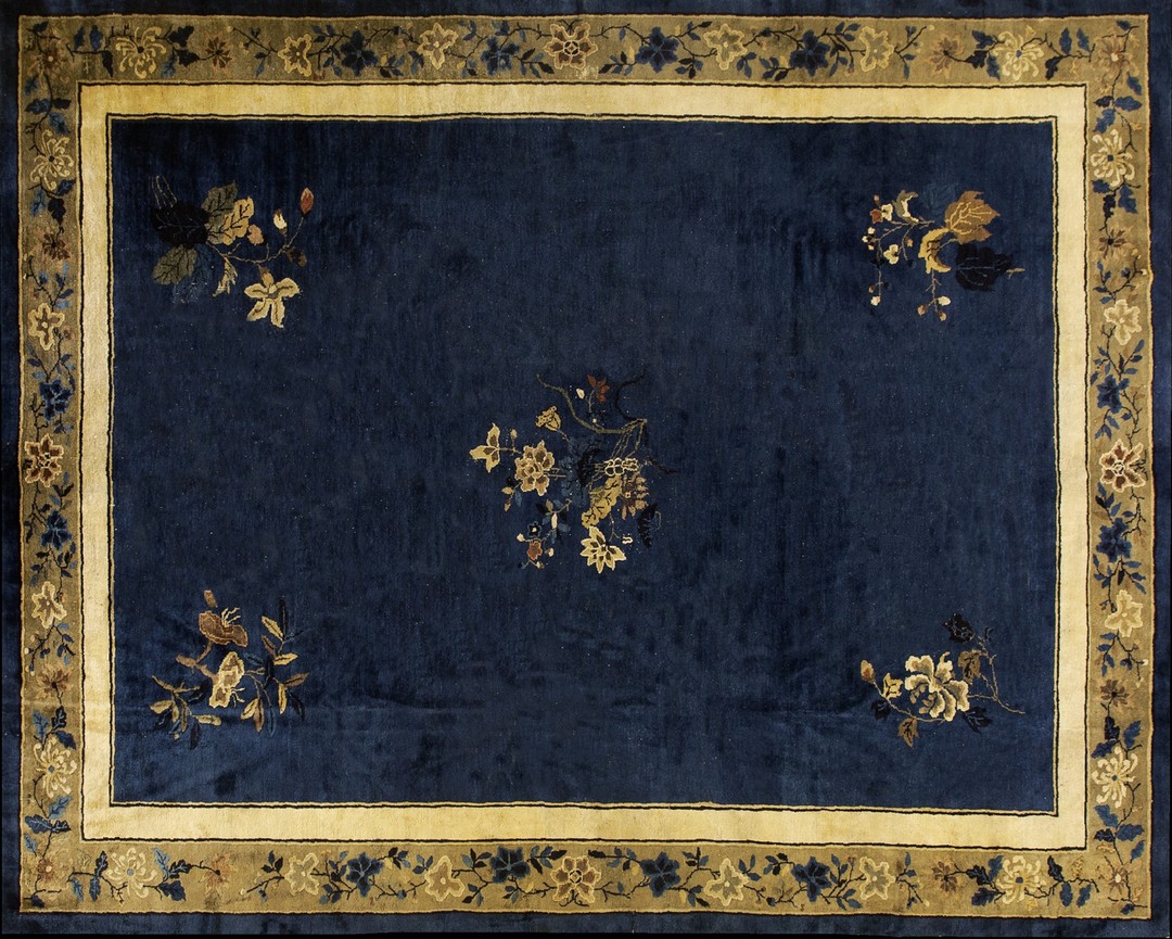 Antique wool knotted blue rectangle chinese - peking room size 1920s rug