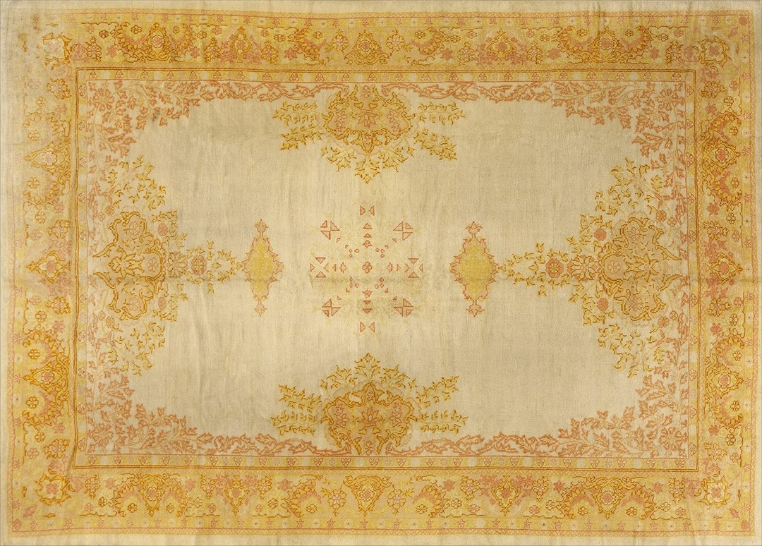 Soft decorative light cream color antique room size turkish oushak rug