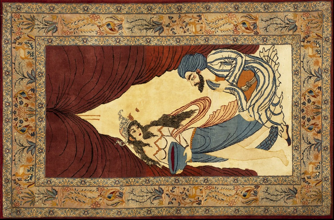 Finely woven vintage mid century refined artistic pictorial persian isfahan rug