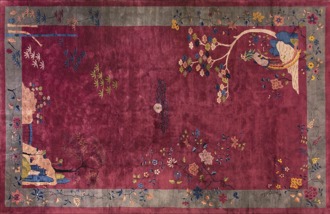 Antique large chinese - art deco chinese allover floral knotted rug