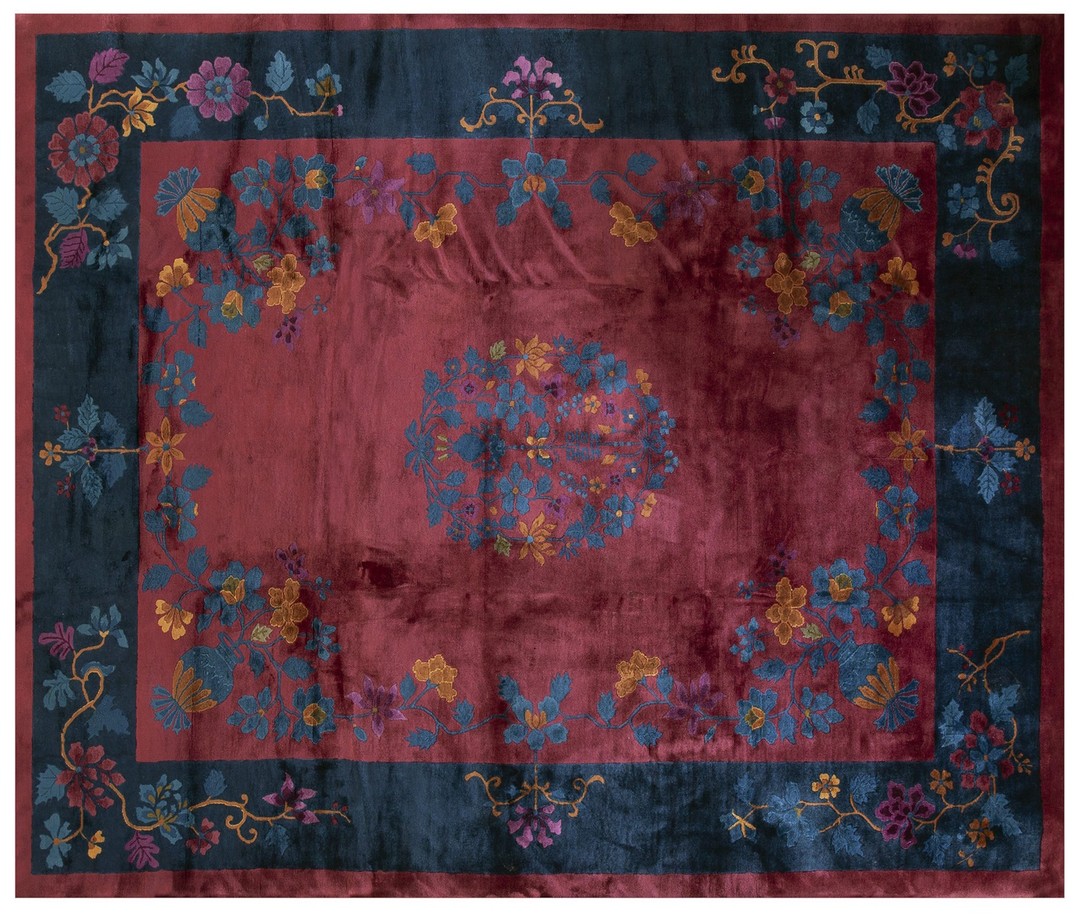 Antique chinese art deco allover floral coral 1920s rug