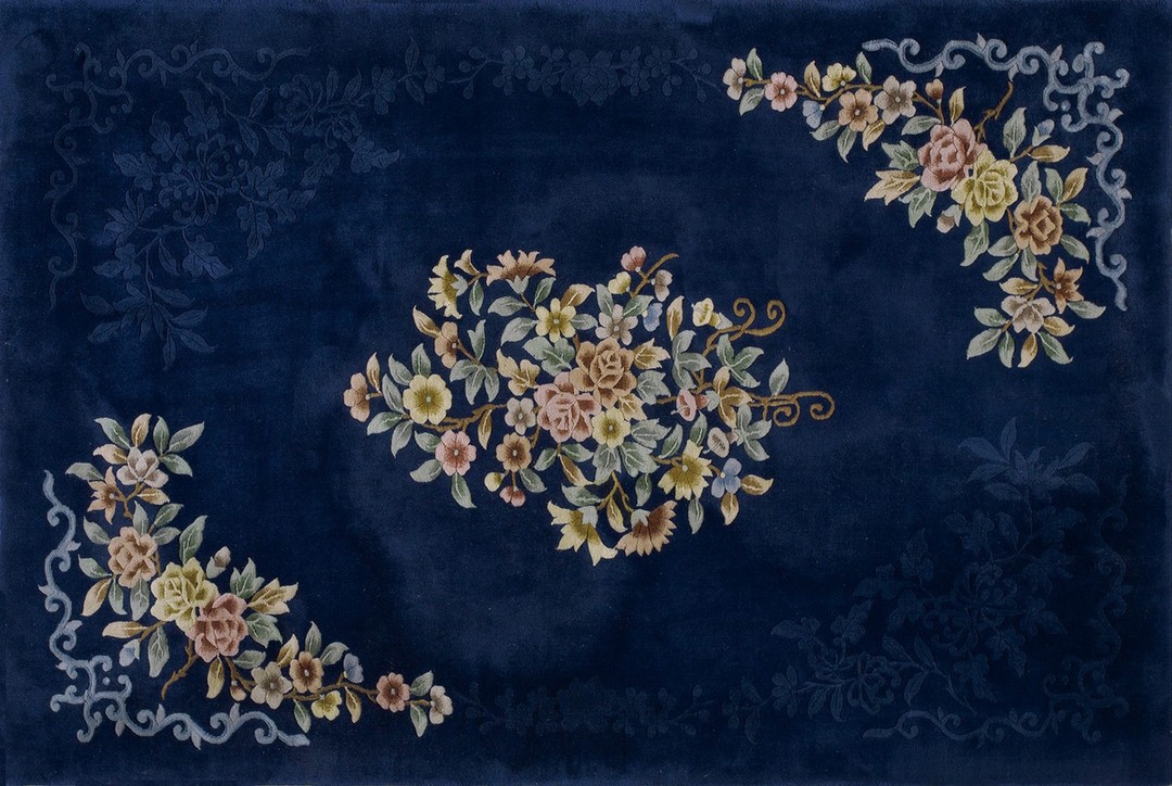 Antique blue color floral design chinese art deco wool pile rug