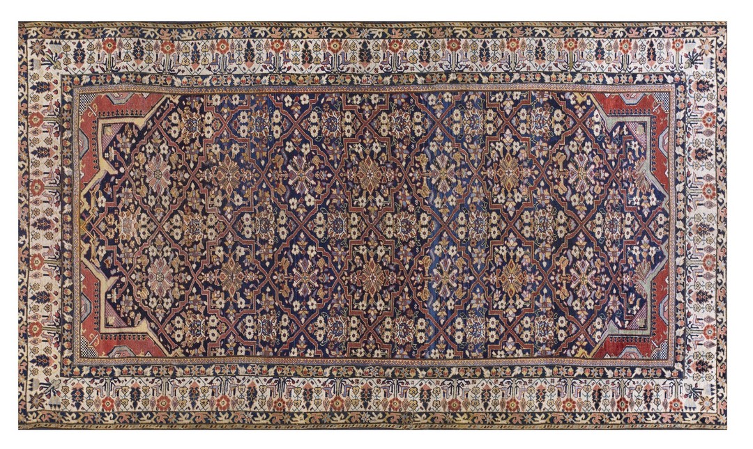 Blue antique joshagan persian geometric garden design knotted rug