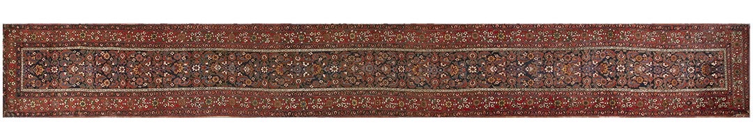 Antique tribal herati pattern blue northwest persian long hallway runner rug