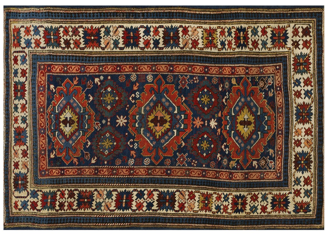 Antique tribal geometric crab design border caucasian kuba rug