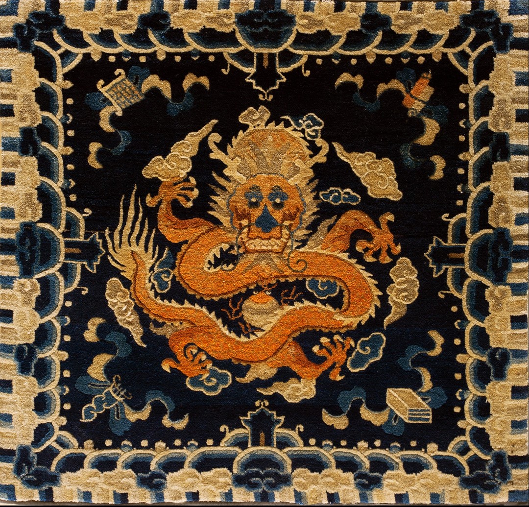 Blue antique small scatter size square shape chinese dragon cloud band ningxia rug