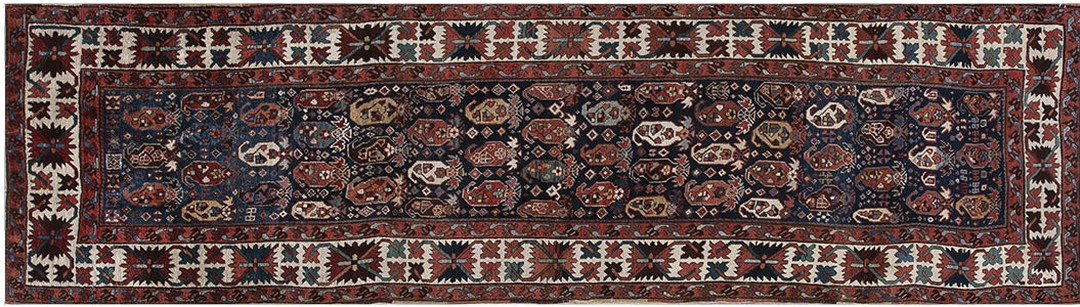 Blue tribal paisley pattern antique caucasian wool hallway runner kazak rug