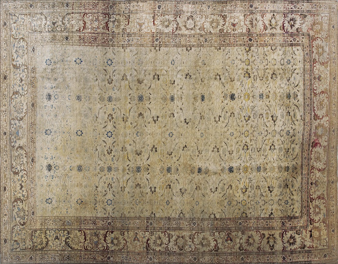 Ivory allover antique persian tabriz hand knotted room size rug