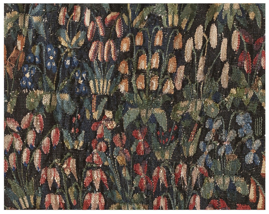 Antique tapestry small scatter size wool & silk black rug