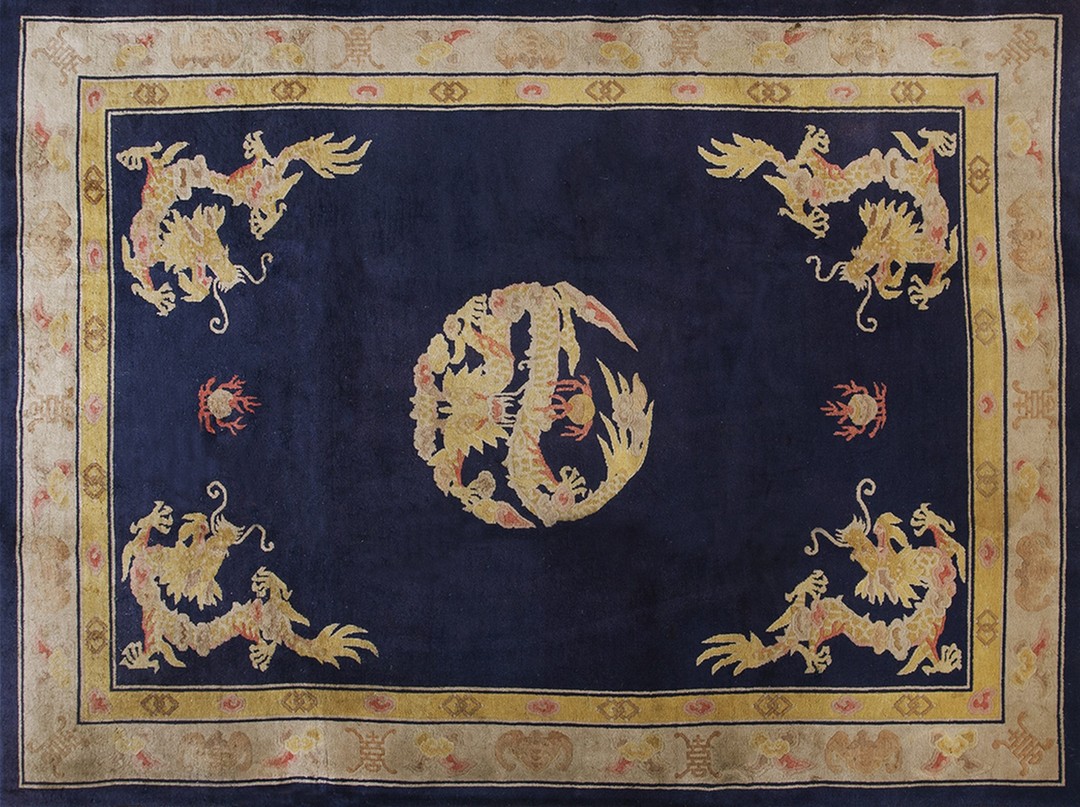 Blue 1930s chinese room size antique - peking rectangle wool knotted rug