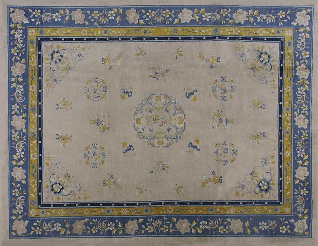 Chinese wool ivory - peking rectangle 1920s antique knotted room size rug