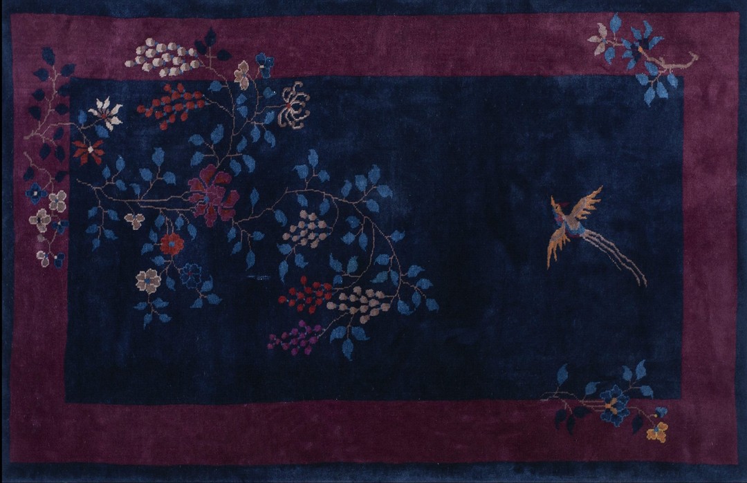 Small antique floral bird pattern navy blue color chinese art deco carpet