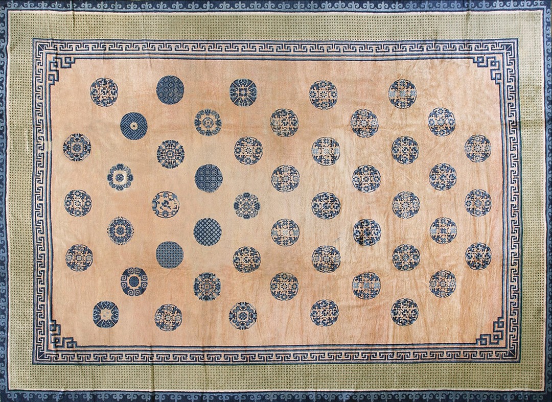 Antique allover geometric wool hand knotted pile coral / salmon pink 1850s rug