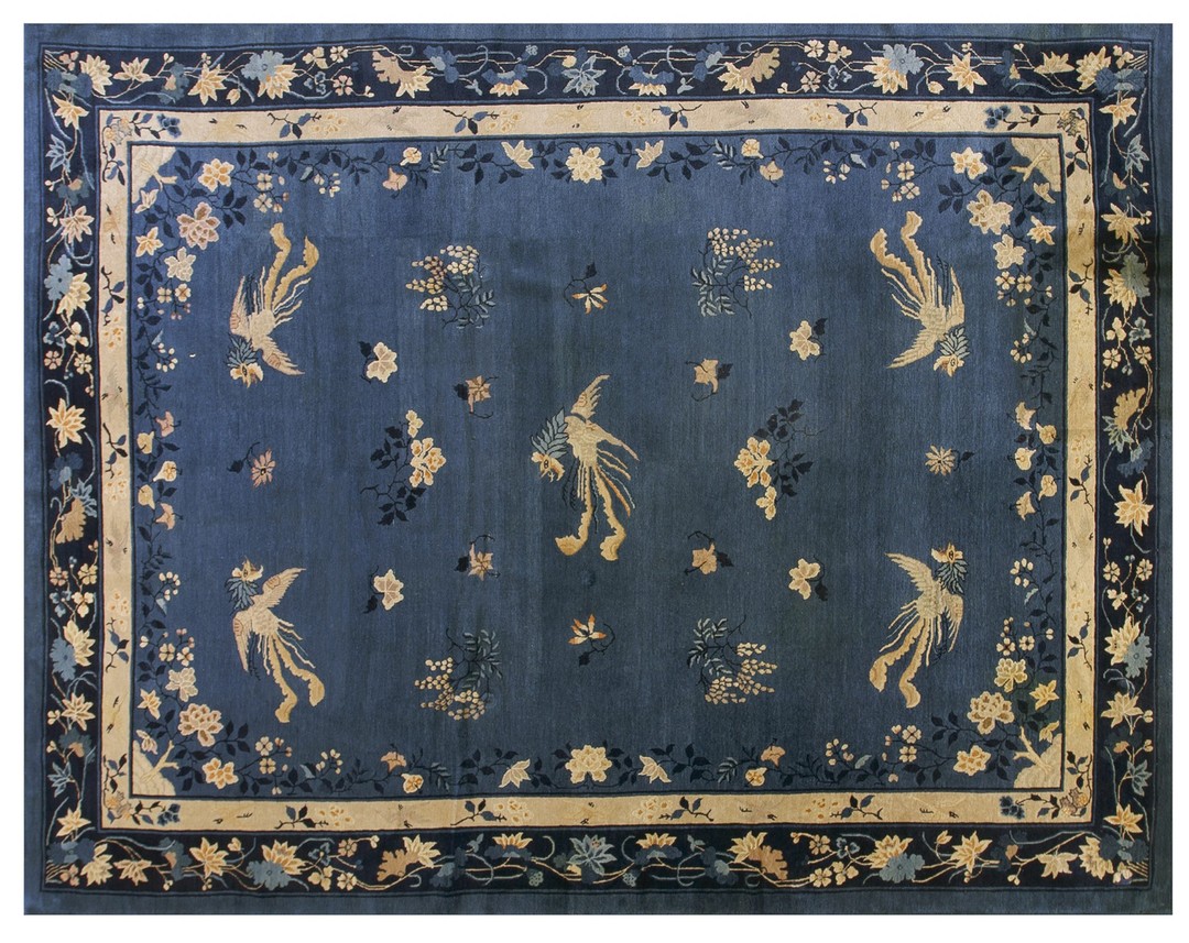 Rectangle chinese - peking knotted room size blue wool antique 1920s rug